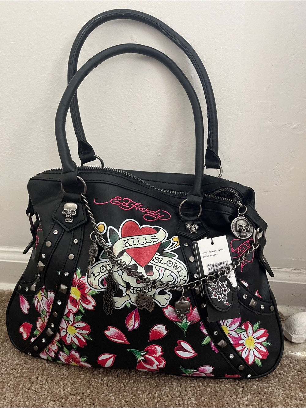 Ed Hardy Black Floral "Love Kills Slowly" Shoulder Bag with Pink Accents